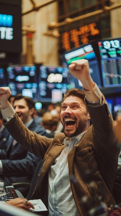Trading floor celebration with excited traders